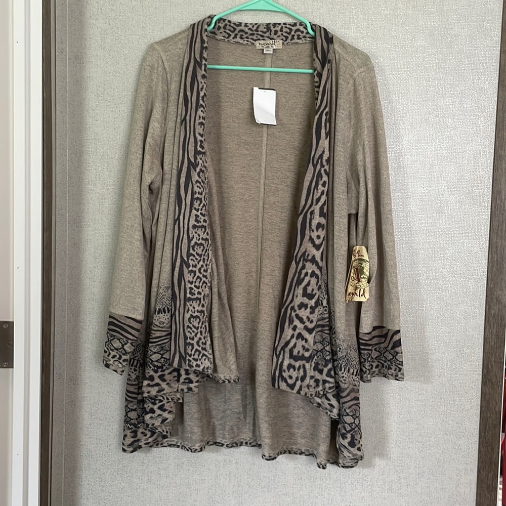 ONE WORLD Taupe and Black Open Front Cardigan with Animal Print Trim